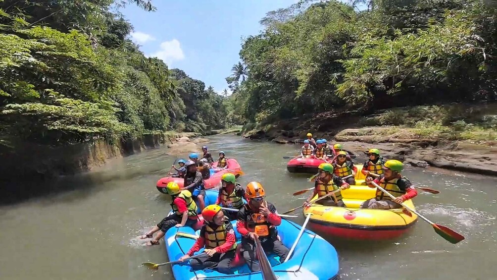 People rafting on a river surrounded by dense greenery. 2
