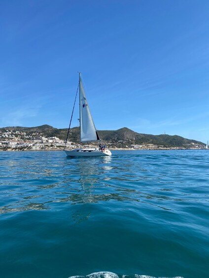 A sailboat on calm blue waters with a coastal town and hills in the background. 2