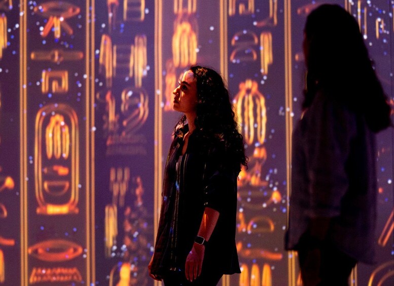 A person standing in front of a backdrop with illuminated geometric shapes. 5
