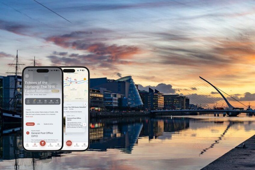 A smartphone displaying a map application with a sunset and modern architecture in the background. 1