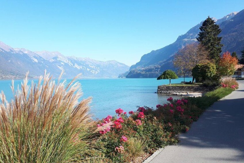 A lake with mountains in the background, a pathway with flowers, and a small building by the water. 2