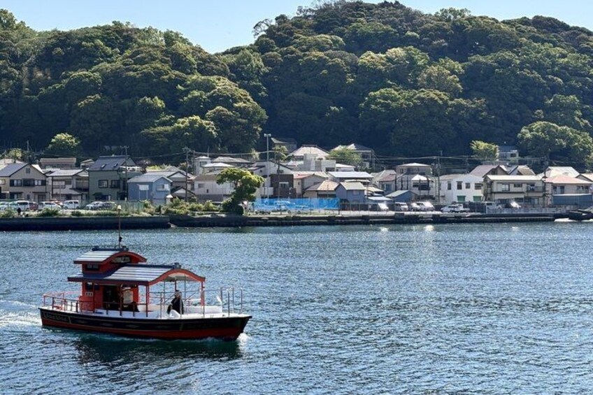 A boat on calm water, a shoreline with houses, and a hill with trees. 2