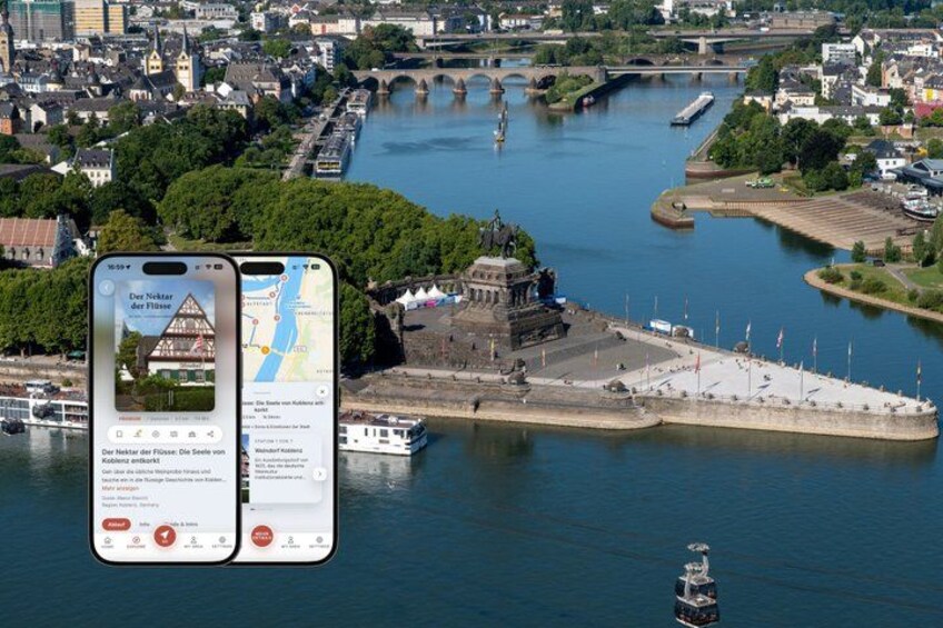 A river with bridges, a castle, and a smartphone displaying a map. 1