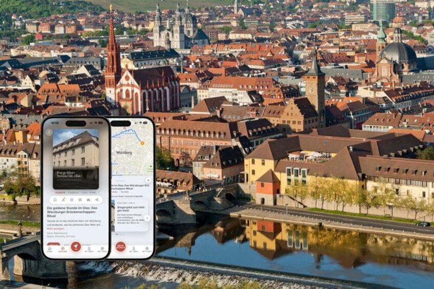 A smartphone displaying a map and a historic building in a European city. 1