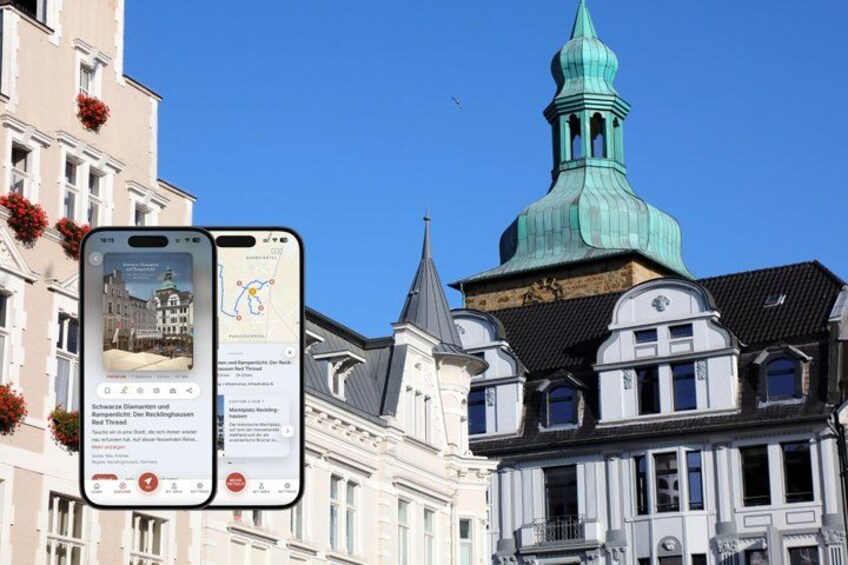 A smartphone displaying a map and a historic building with a green spire. 1