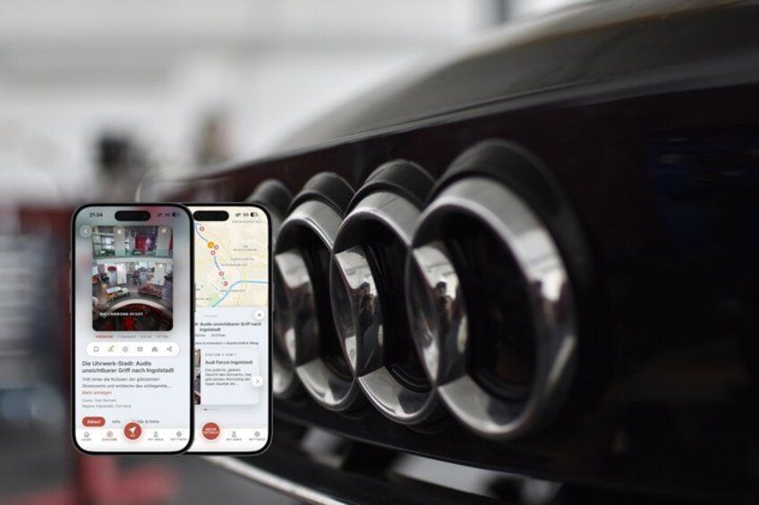 A smartphone displaying a map and a car's emblem. 1