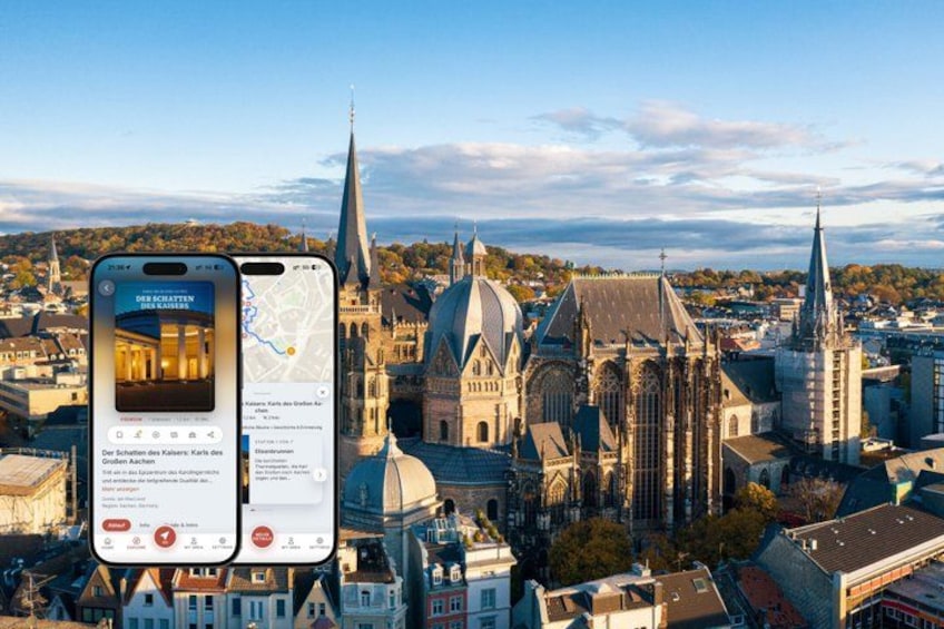 Une vue urbaine avec une église imposante et un smartphone affichant une carte et des informations sur les hôtels. 1