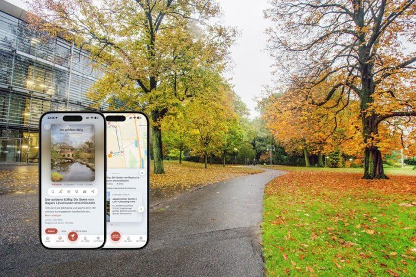 Two smartphones displaying maps and text, a pathway, trees with autumn leaves, and a building in the background. 1