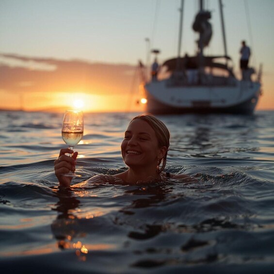 A person in water holding a glass, with a boat and sunset in the background. 3