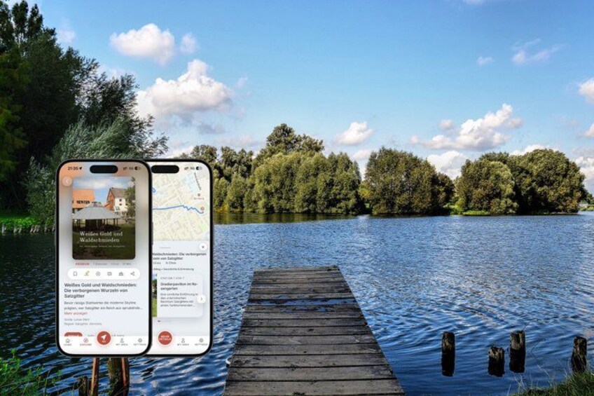 A wooden dock extending into a lake with a smartphone displaying a map and text overlay. 1