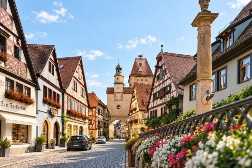 A cobblestone street lined with traditional half-timbered houses, a church steeple, and flowering plants. 3