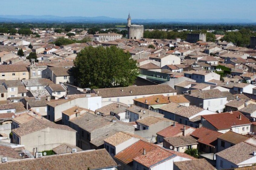 A densely packed town with historic buildings, a prominent church, and a large tree in the center. 4