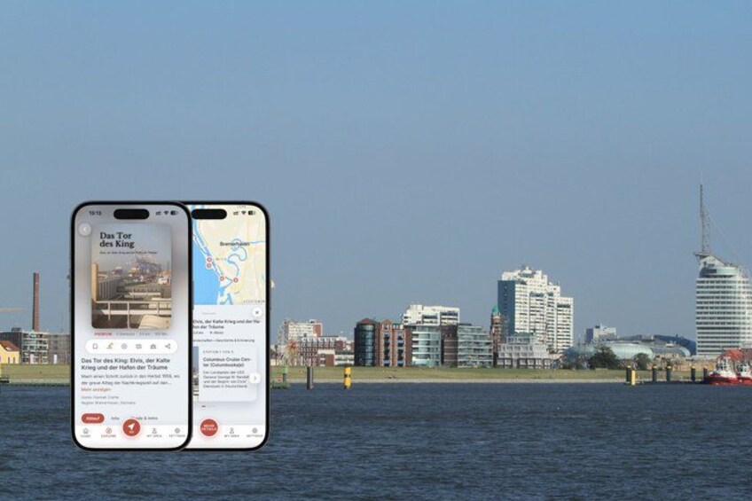 Two smartphones displaying a map and text overlay of a cityscape with buildings and a body of water. 1