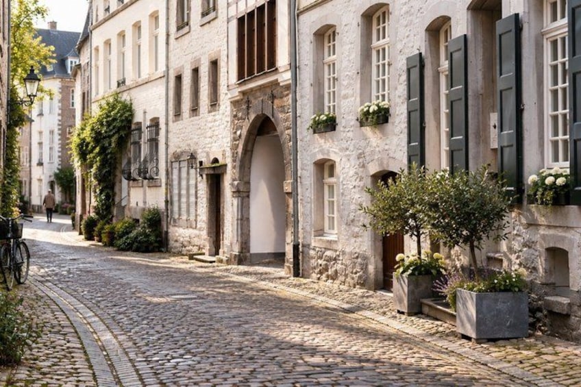 A cobblestone street lined with historic buildings, a stone archway, and potted plants. 3