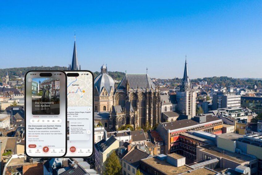 A cityscape with a prominent cathedral and a smartphone displaying a map. 1