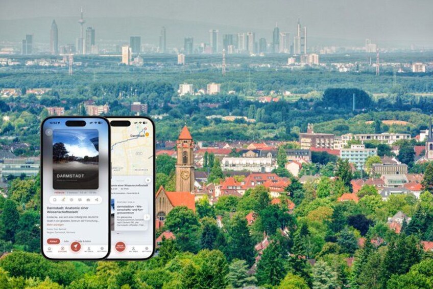 A smartphone displaying a map with a view of Darmstadt cityscape, including a church tower and surrounding greenery. 1