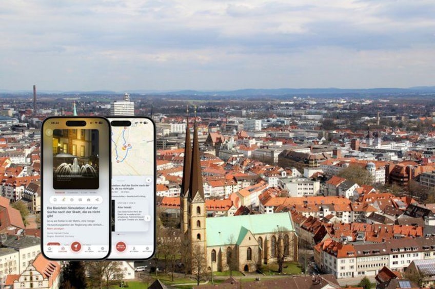 A smartphone displaying a map and a building with a clock tower. 1