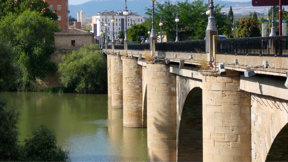 A stone bridge over a river with buildings and trees in the background. 5