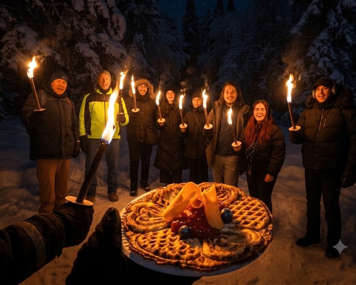 Un grupo de personas sosteniendo antorchas en un bosque nevado. 1