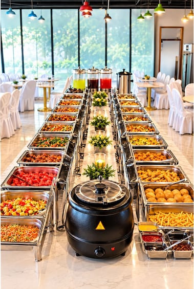 A buffet table with various food items, a coffee machine, and a candle. 1