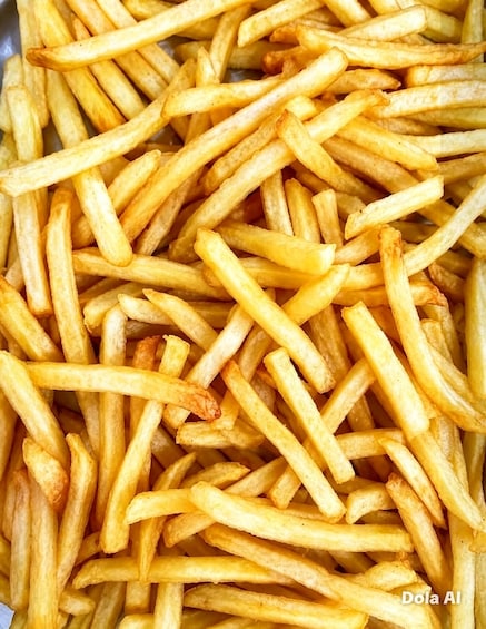 A close-up of golden-brown French fries. 2