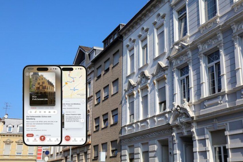 Two smartphones displaying a map and a building facade. 1