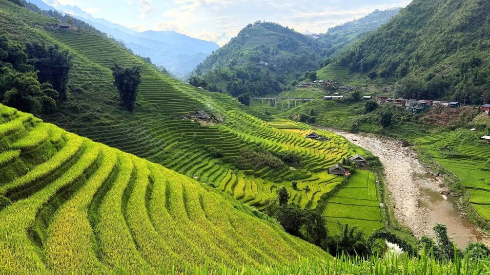 Terraced rice fields, a river, and traditional houses in a hilly landscape. 3