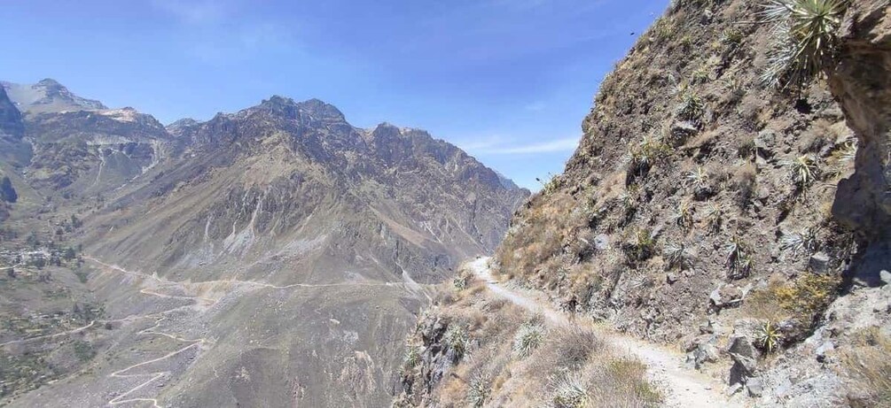 A mountainous landscape with a dirt path, rocky terrain, and sparse vegetation. 3