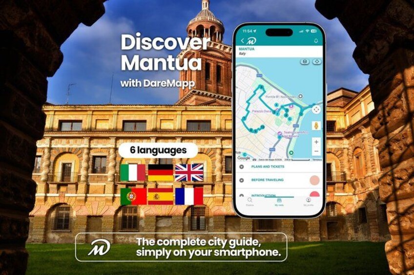 A smartphone displaying a map of Mantua, Italy, with a historic building in the background. 1