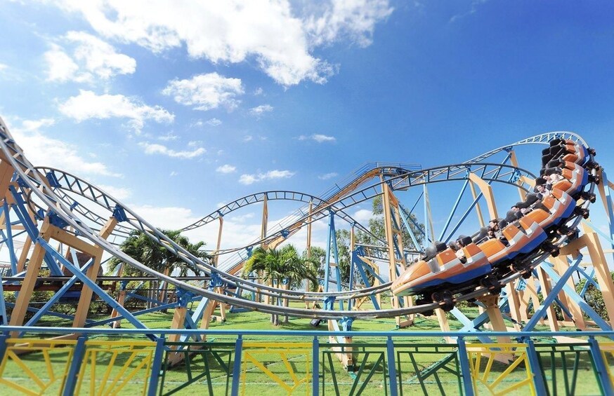 A roller coaster with multiple loops and tracks. 2