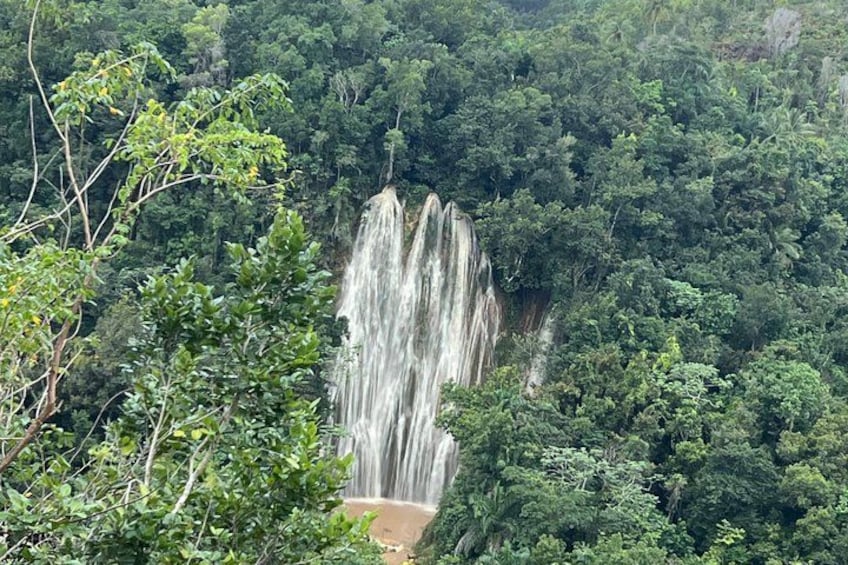 A waterfall cascading down a cliff surrounded by dense forest. 2