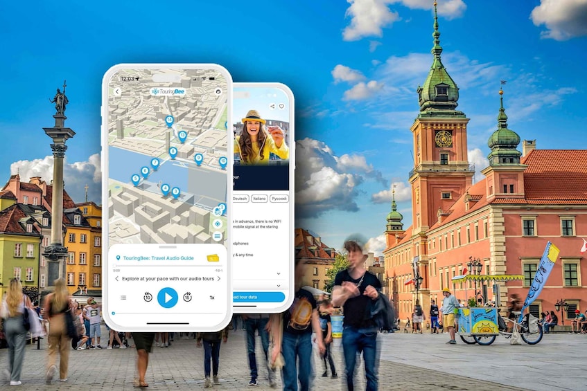 A smartphone displaying a travel audio guide app with a map and audio player interface, set against a backdrop of a historic city square with people, buildings, and a prominent clock tower. 1