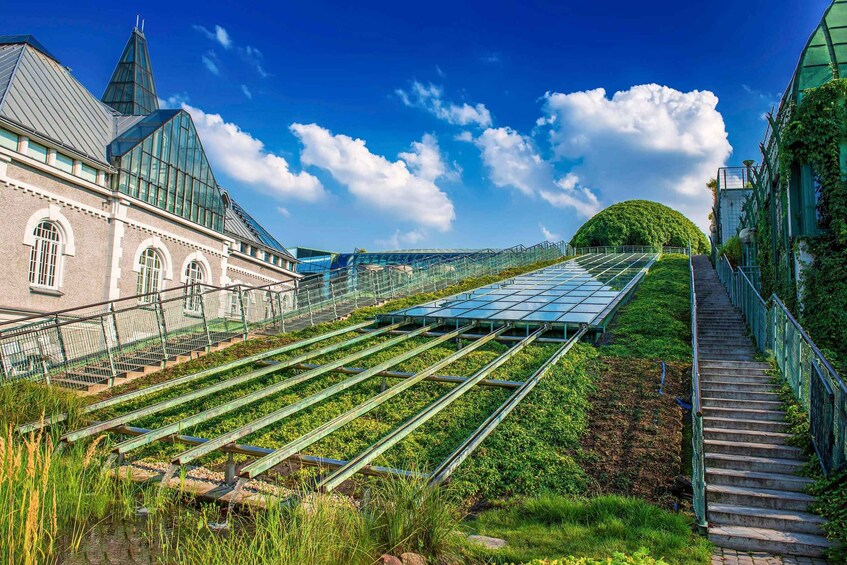 A building with a glass roof, a staircase, and a green roof garden. 3