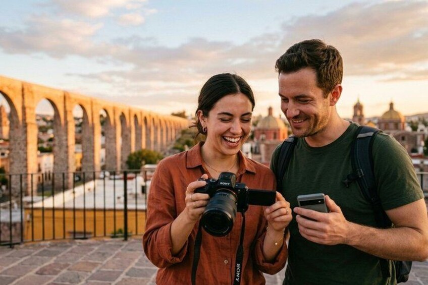 Two people holding a camera and a smartphone, standing in front of a stone bridge with arches. 1