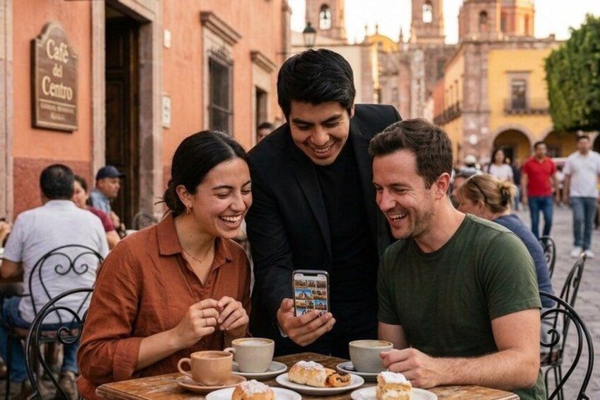Three people sitting at an outdoor café with coffee cups and pastries. 5