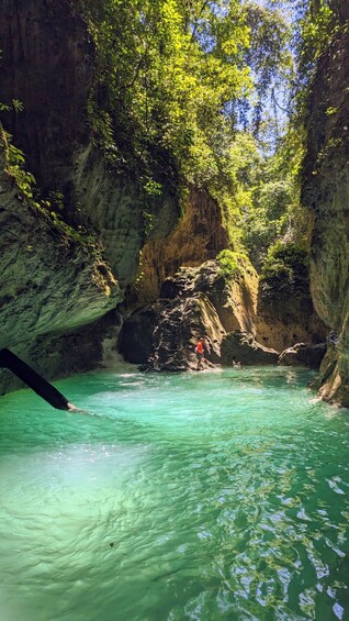 A person standing on a rock in a clear, turquoise water body surrounded by lush greenery and rocky cliffs. 4
