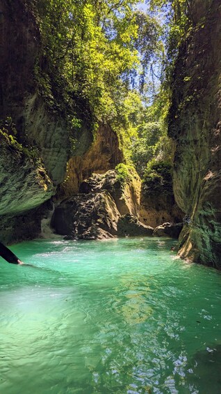 A clear turquoise river flowing through a rocky gorge with dense green foliage overhead. 5
