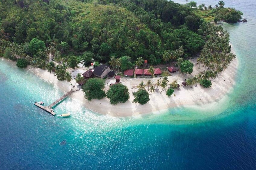 Vista aérea de una isla tropical con una playa de arena blanca, aguas turquesas cristalinas y un pequeño embarcadero con un bote. 3