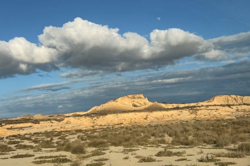A desert landscape with sand dunes and sparse vegetation under a partly cloudy sky. 5