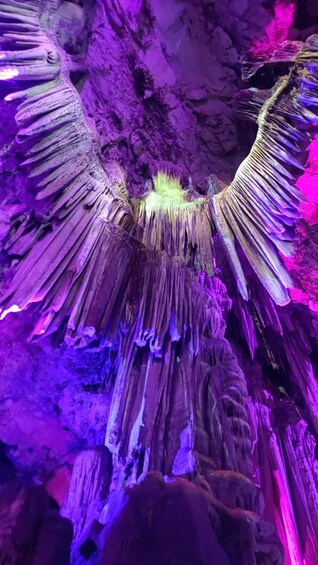 A cave with stalactites and a large, illuminated formation resembling wings. 5