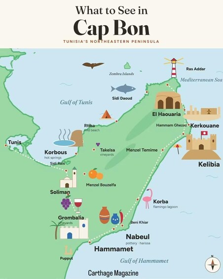 Kartta Tunisian Cap Bonin niemimaasta, jossa on merkitty alueen nähtävyyksiä, kuten Tunisianlahti, El Haouaria ja Hammamet. 1