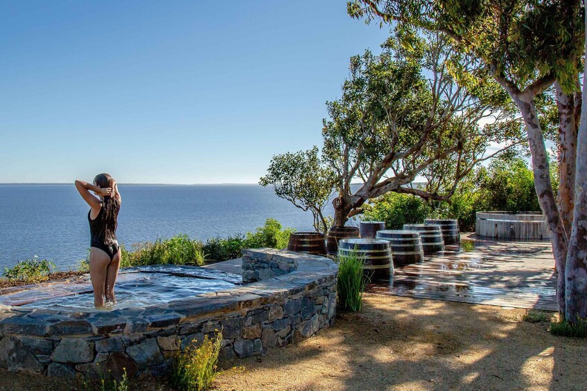 A person standing by a pool overlooking a body of water. 3