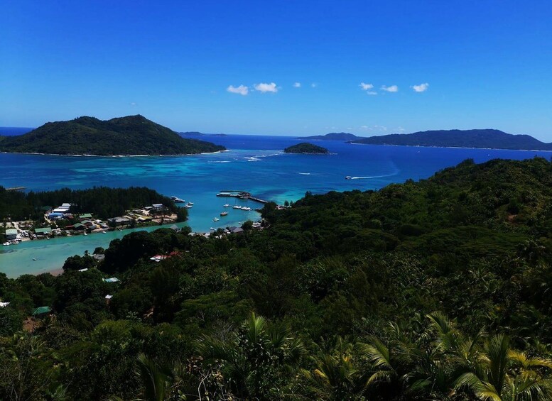 A coastal landscape with a clear blue sea, lush greenery, and a small settlement with boats. 3