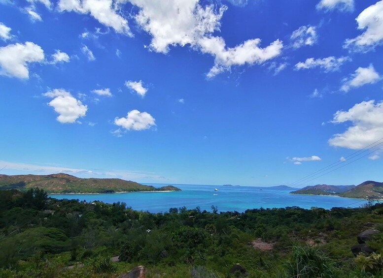 A coastal landscape with a clear blue sky, lush greenery, and calm turquoise waters. 2