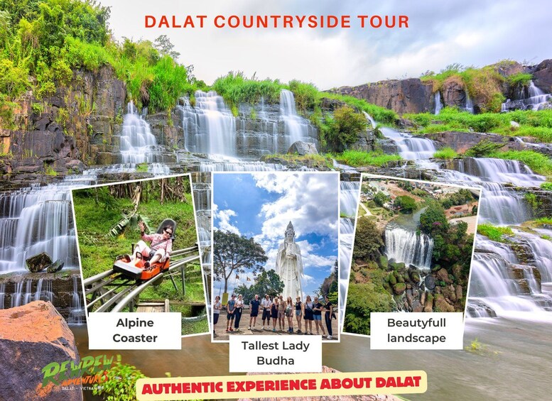 A waterfall, a statue, and a group of people. 1