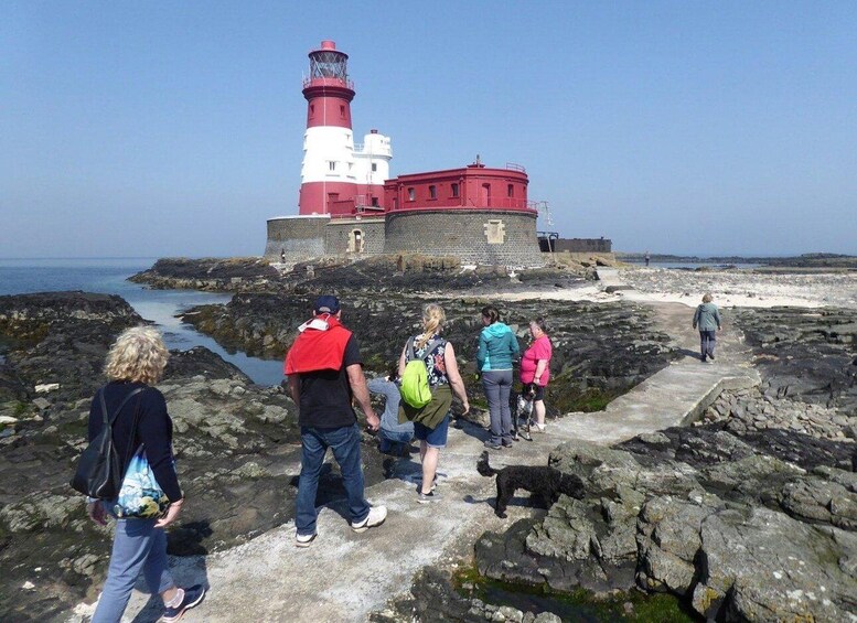 A group of people walking on a rocky path towards a red and white lighthouse. 2