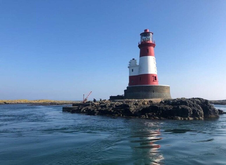 A red and white lighthouse on a rocky outcrop in the water. 3