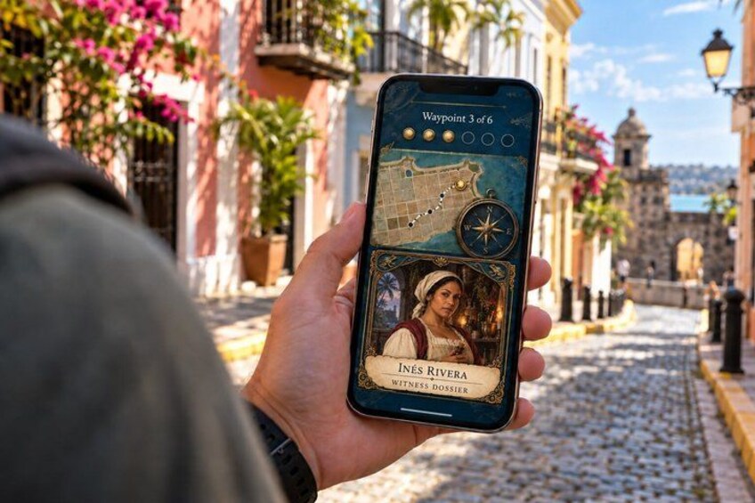 A smartphone displaying a map with a compass, a person holding it, and a street with buildings and flowers. 2