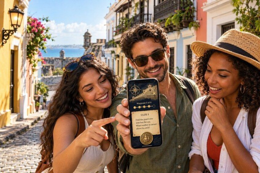 A person holding a clue card with a map, standing on a cobblestone street with buildings and a view of the sea in the background. 1