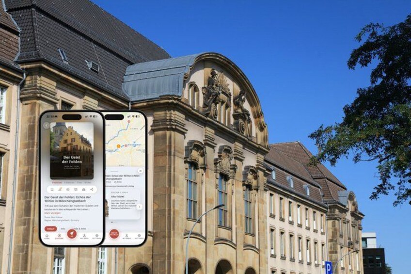 A historic building with classical architecture, a smartphone displaying a map and information, and a clear blue sky. 1